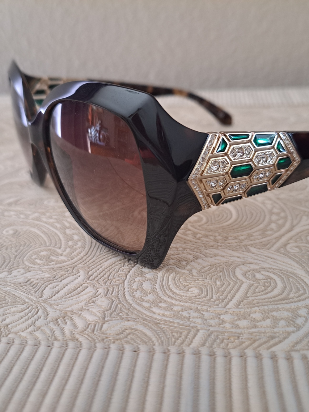 Bulgari Brown Sunglasses with Gold & Green Accents with rare purple case